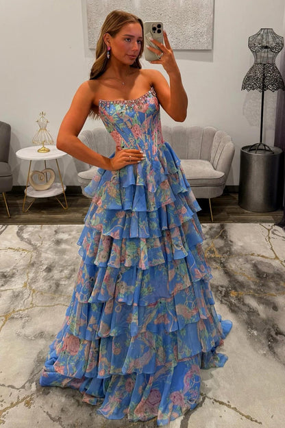 Floral Print A-Line Strapless Tiered Prom Dress with Fitted Corset And Slit
