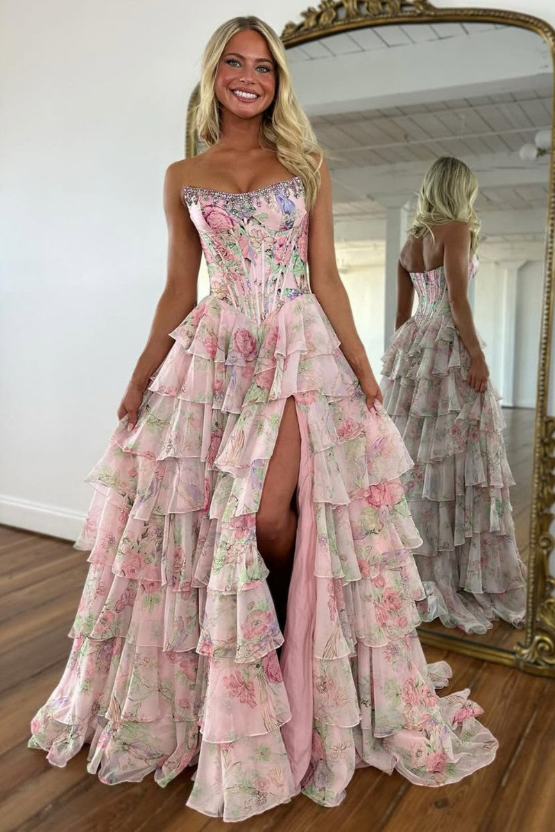 Floral Print A-Line Strapless Tiered Prom Dress with Fitted Corset And Slit