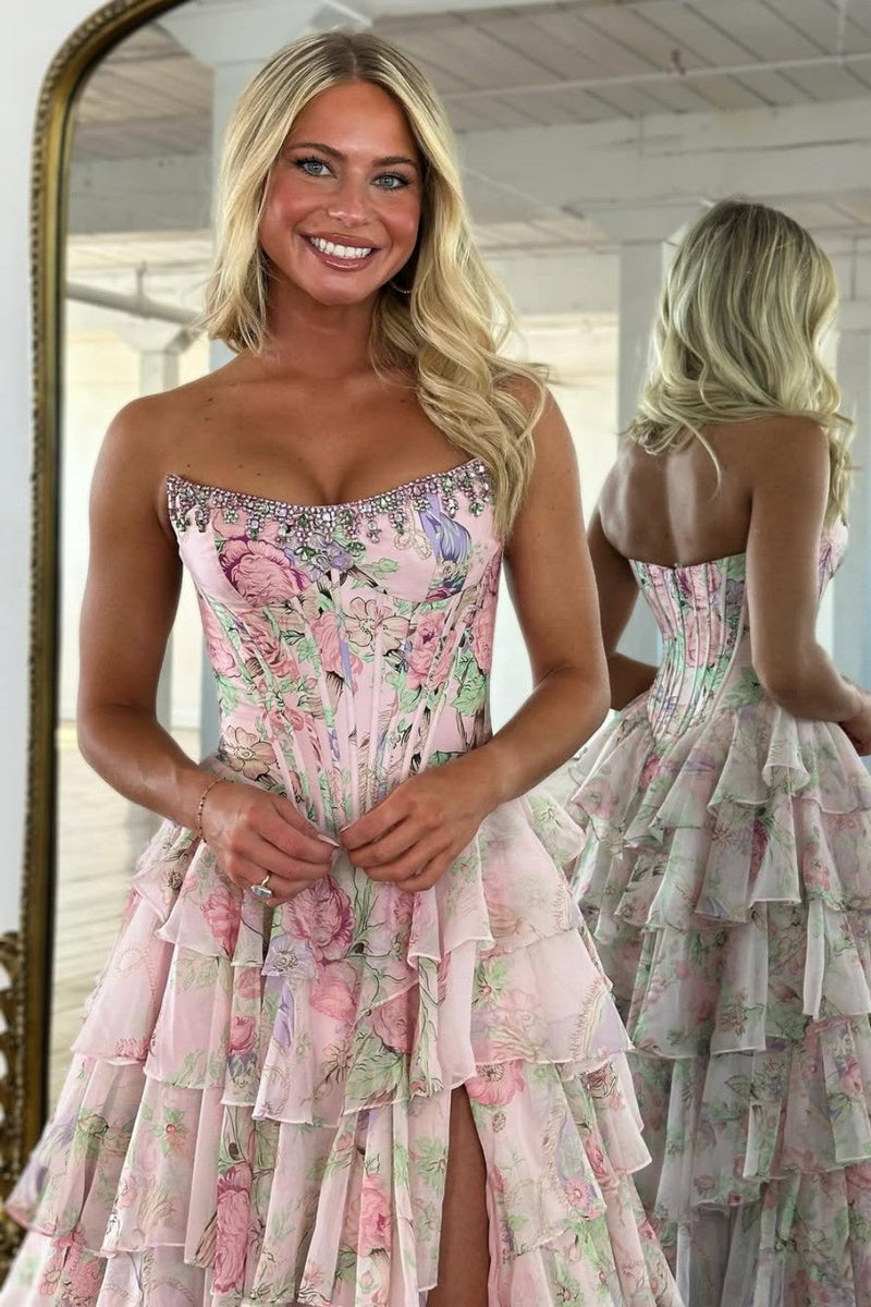 Floral Print A-Line Strapless Tiered Prom Dress with Fitted Corset And Slit