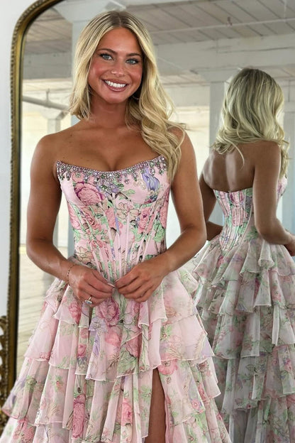 Floral Print A-Line Strapless Tiered Prom Dress with Fitted Corset And Slit