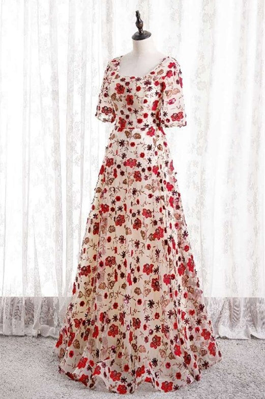 Floral Print Long Party Dress with Short Sleeves