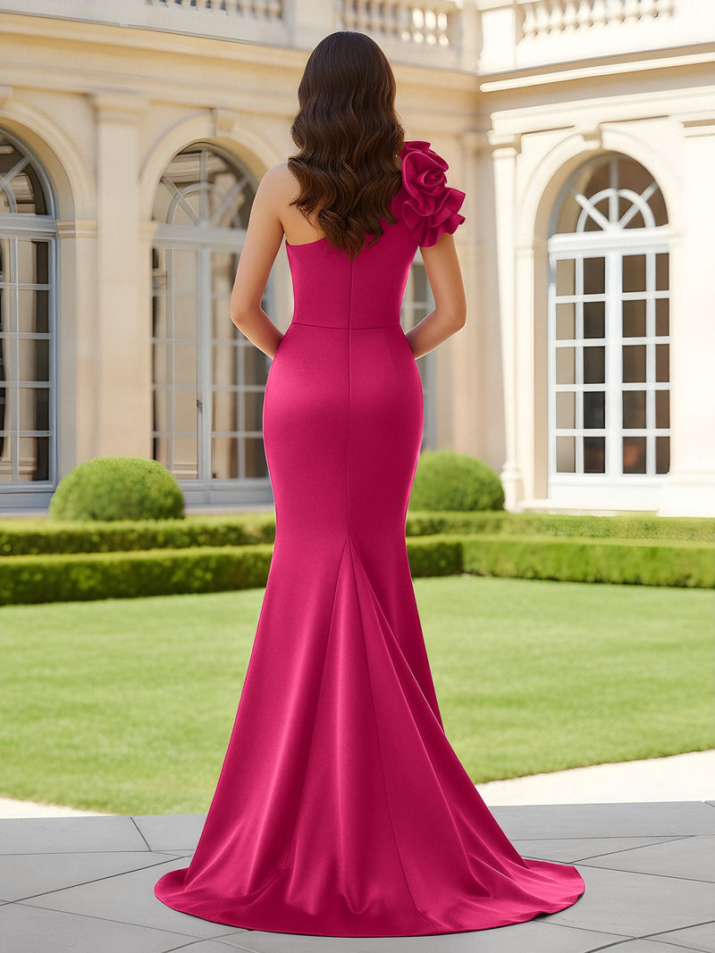 Flower One Shoulder Pleated Mermaid Dress With Slit Fuchsia