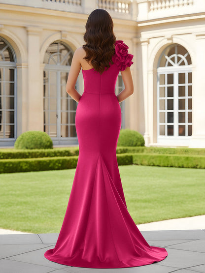 Flower One Shoulder Pleated Mermaid Dress With Slit Fuchsia