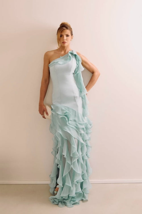 Flowy Mint Green One Shoulder Prom Dress Sleeveless withes