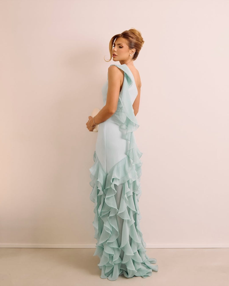 Flowy Mint Green One Shoulder Prom Dress Sleeveless withes