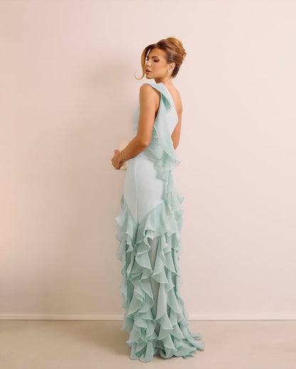 Flowy Mint Green One Shoulder Prom Dress Sleeveless withes