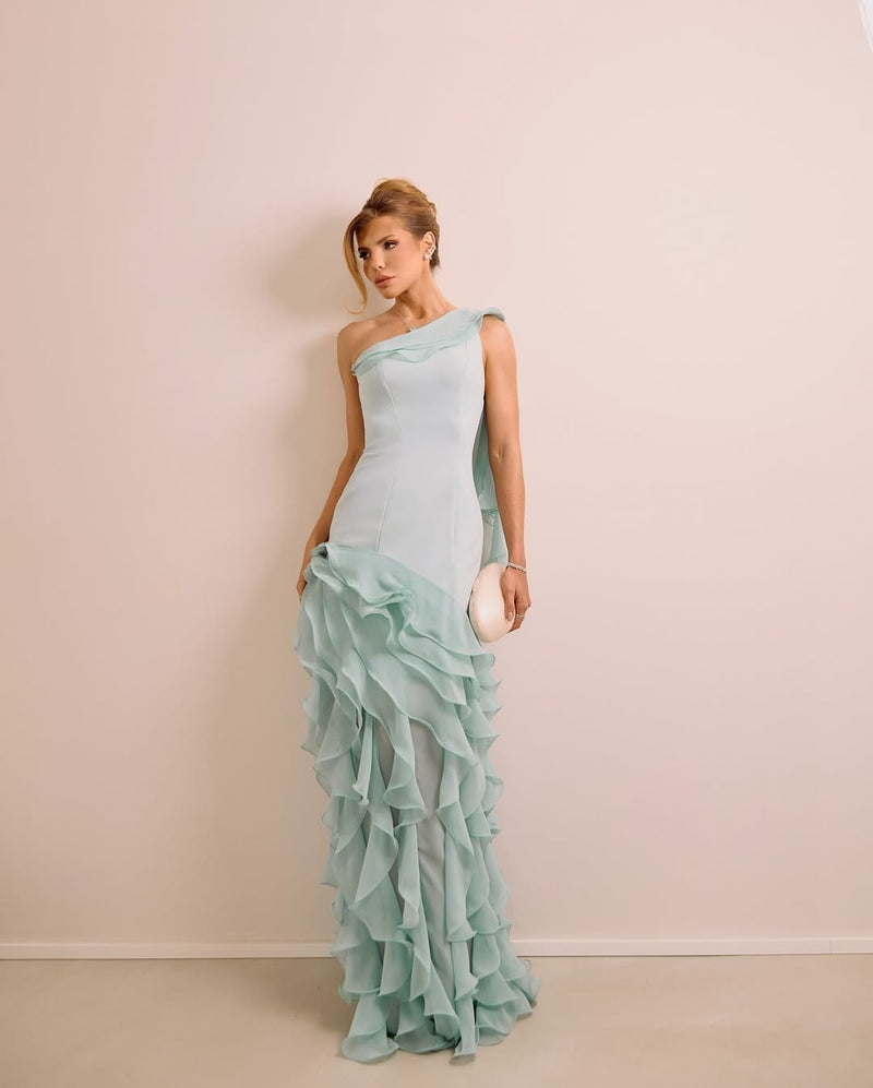Flowy Mint Green One Shoulder Prom Dress Sleeveless withes