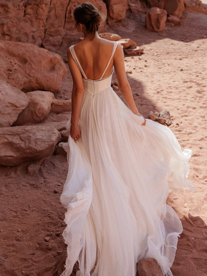 Flowy White Straps Prom Dress Sleeveless Backless with