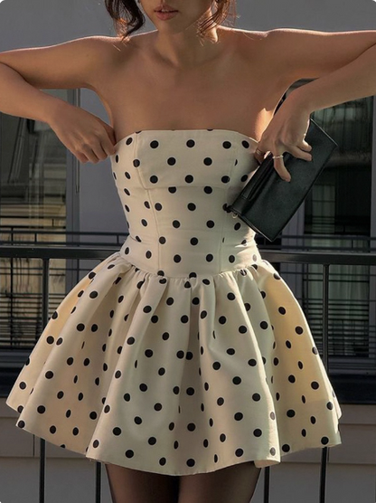 French Backless Bow Polka Dot Tube Top A-line Birthday Skirt Homecoming Dress