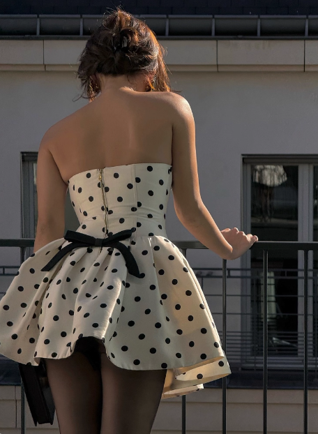 French Backless Bow Polka Dot Tube Top A-line Birthday Skirt Homecoming Dress