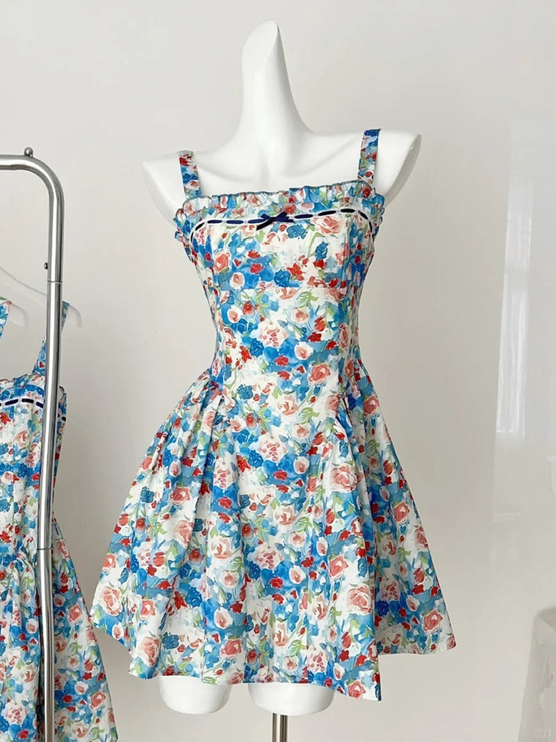Fresh Blue Floral Waist Thin Strap Square Neck A-line Short 16th Birthday Homecoming Dress