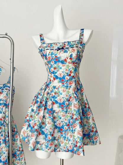 Fresh Blue Floral Waist Thin Strap Square Neck A-line Short 16th Birthday Homecoming Dress