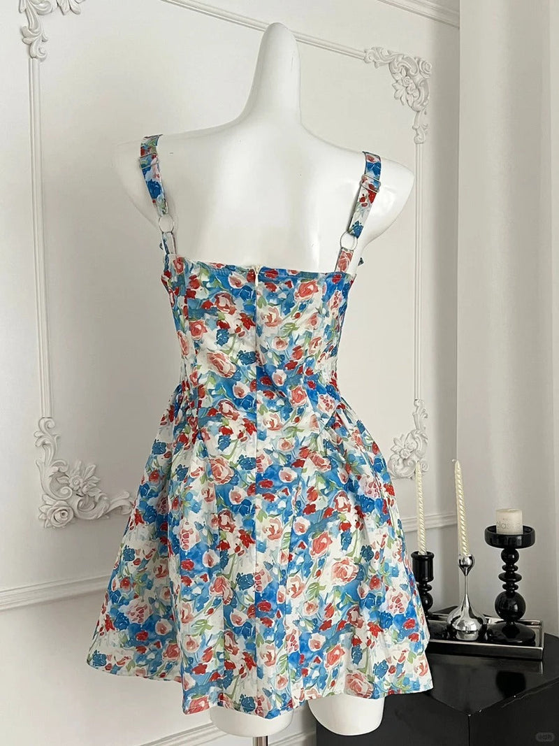 Fresh Blue Floral Waist Thin Strap Square Neck A-line Short 16th Birthday Homecoming Dress