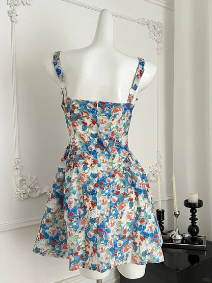 Fresh Blue Floral Waist Thin Strap Square Neck A-line Short 16th Birthday Homecoming Dress