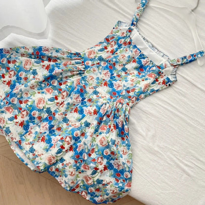 Fresh Blue Floral Waist Thin Strap Square Neck A-line Short 16th Birthday Homecoming Dress