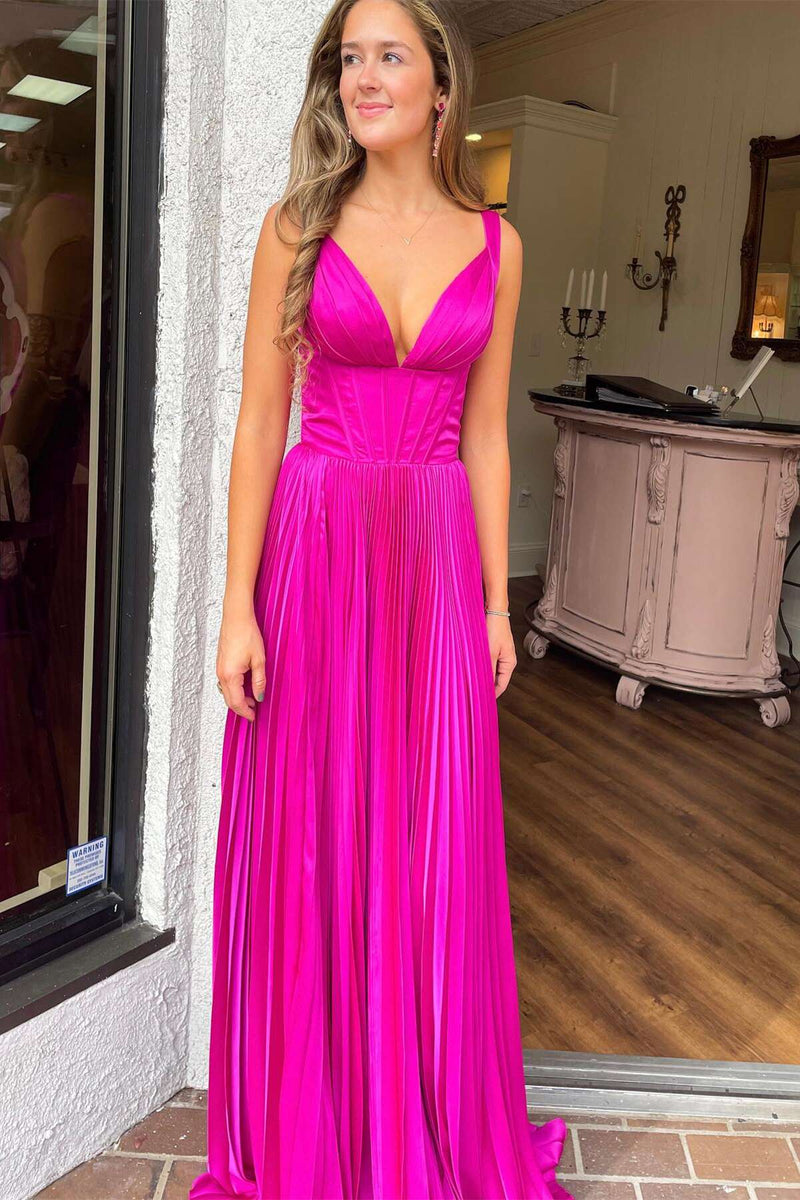 Fuchsia Pleated A-line Long Formal Dress