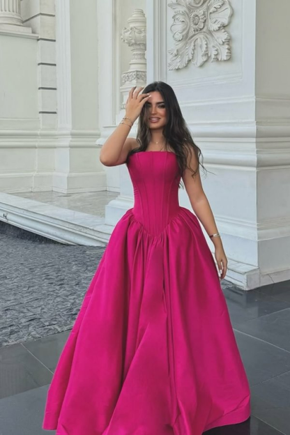 Fuchsia Strapless Straight Across A-Line Prom Dress Pleated with Backless