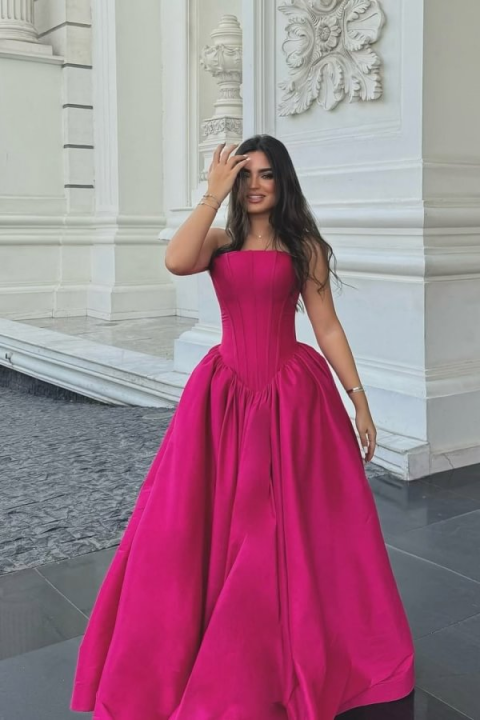 Fuchsia Strapless Straight Across A-Line Prom Dress Pleated with Backless