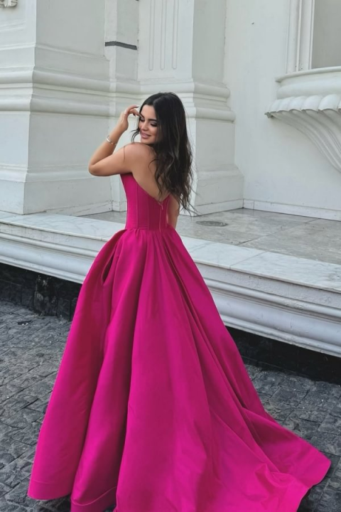 Fuchsia Strapless Straight Across A-Line Prom Dress Pleated with Backless