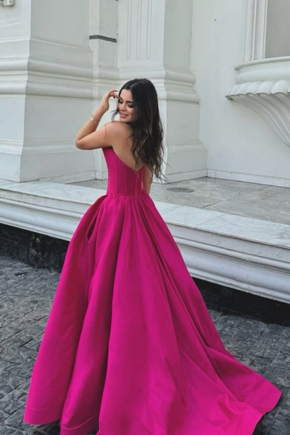 Fuchsia Strapless Straight Across A-Line Prom Dress Pleated with Backless