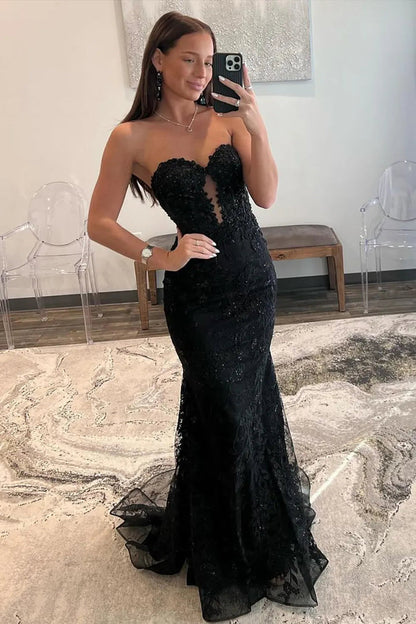 Fuchsia Strapless Sweetheart Prom Dress with Beaded Lace and Sheer V-Detail