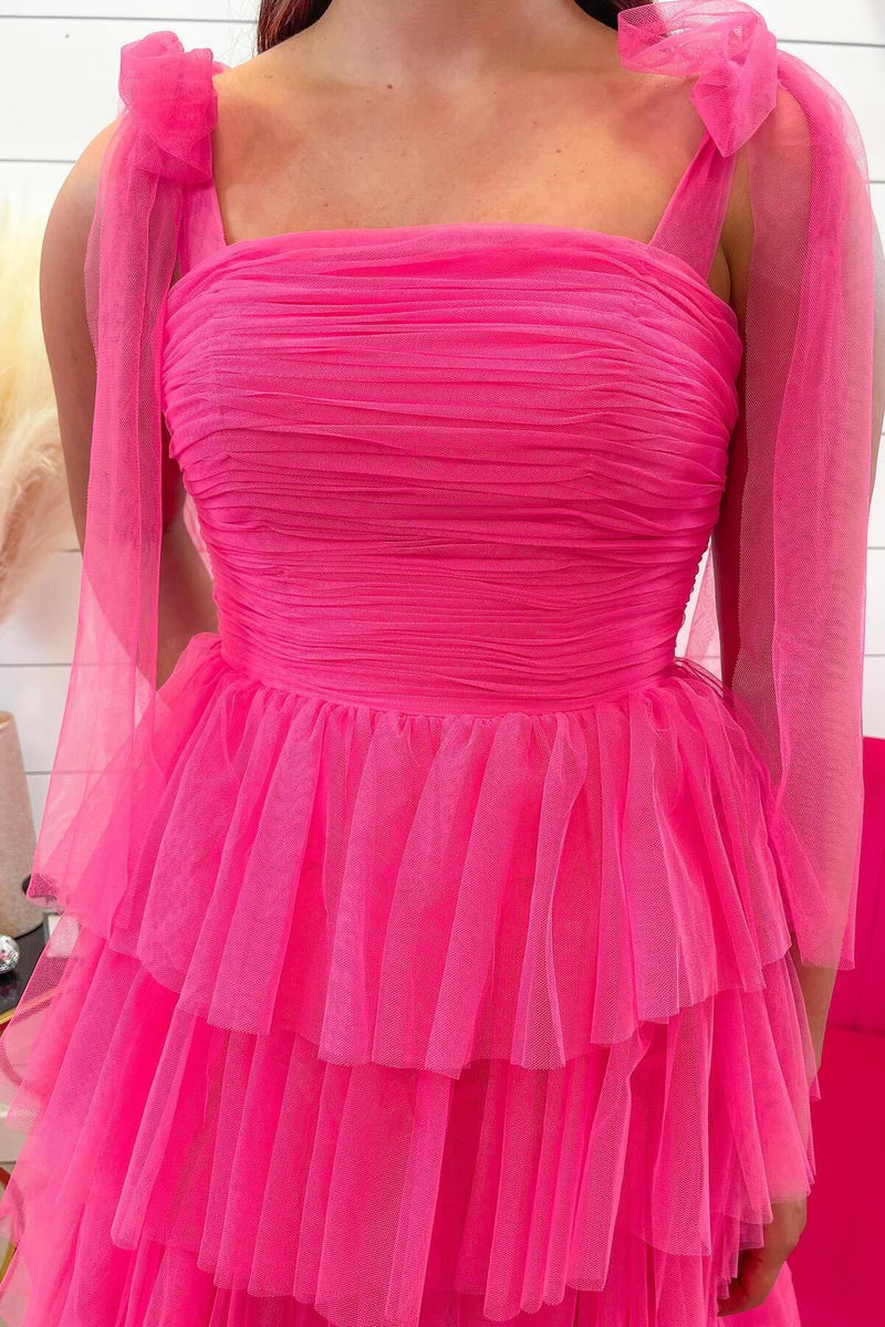 Fuchsia Tulle Tiered Ruffles Party Dress with Tie Shoulders