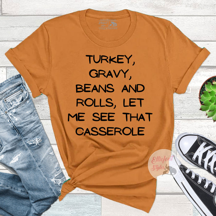 Holiday foodie casserole tee for fall festivities and Friendsgiving parties