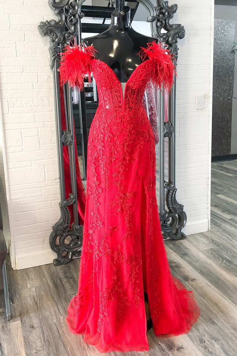 Fur Off the Shoulder Red Lace Mermaid Long Formal Dress