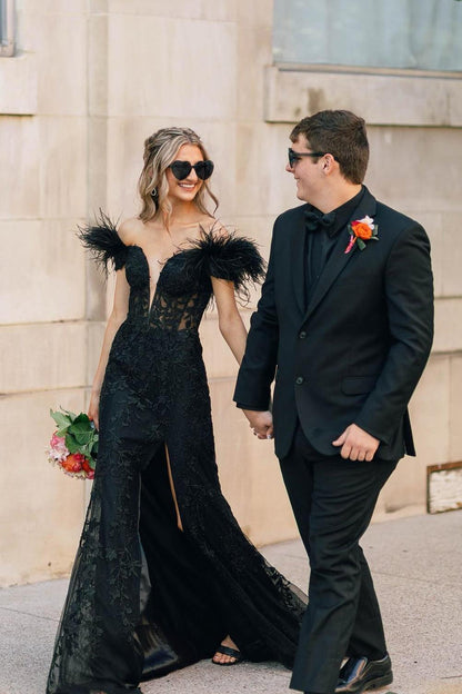 Fur Off the Shoulder Red Lace Mermaid Long Formal Dress