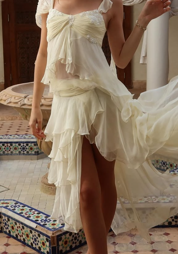 Gentle A Line Two Piece Appliques Tiered Ivory Chiffon Party Dress Evening Dress