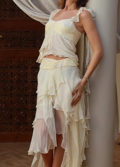 Gentle A Line Two Piece Appliques Tiered Ivory Chiffon Party Dress Evening Dress