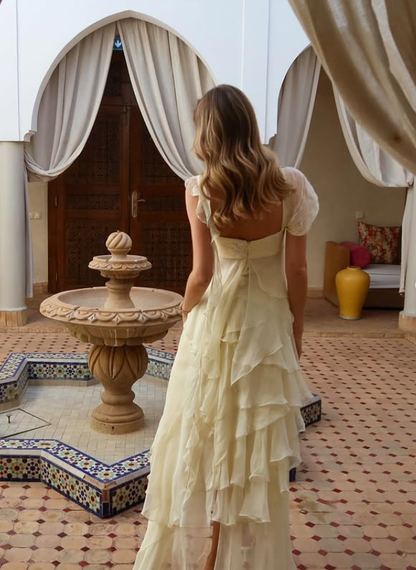 Gentle A Line Two Piece Appliques Tiered Ivory Chiffon Party Dress Evening Dress