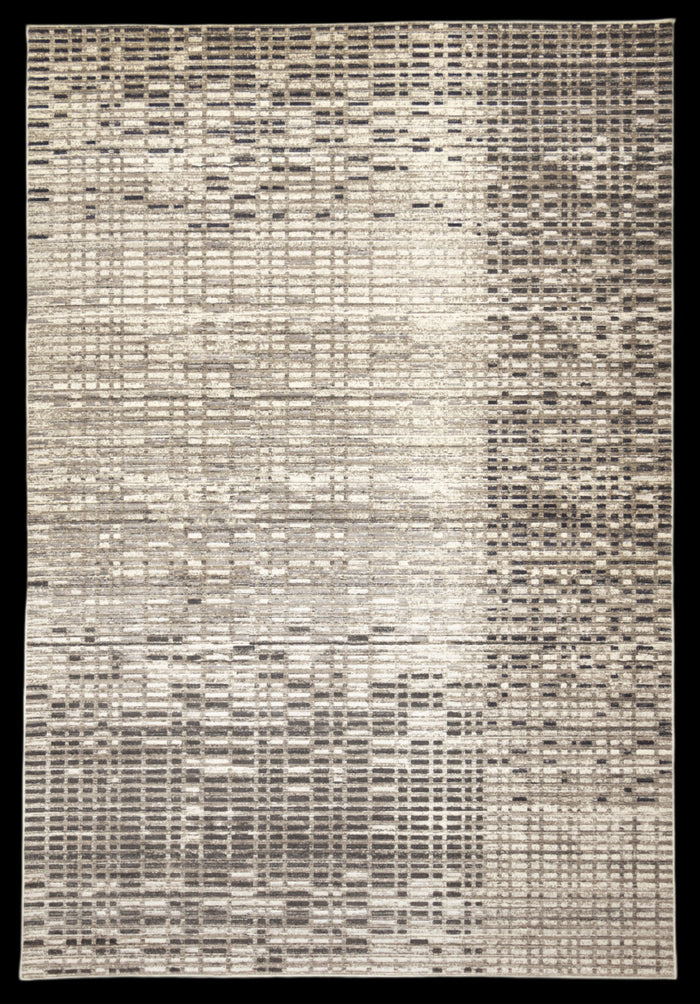 A modern geometric patterned rug with a beige and brown color palette, featuring a textured design and abstract patterns.