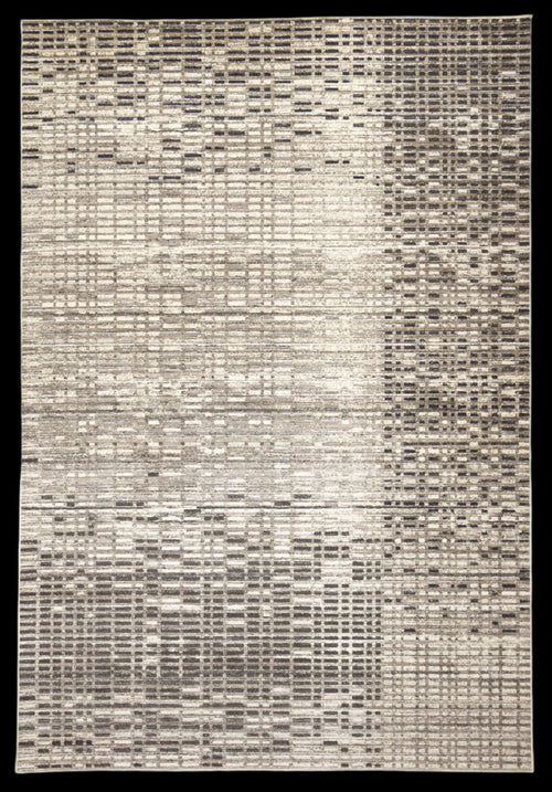 A modern geometric patterned rug with a beige and brown color palette, featuring a textured design and abstract patterns.