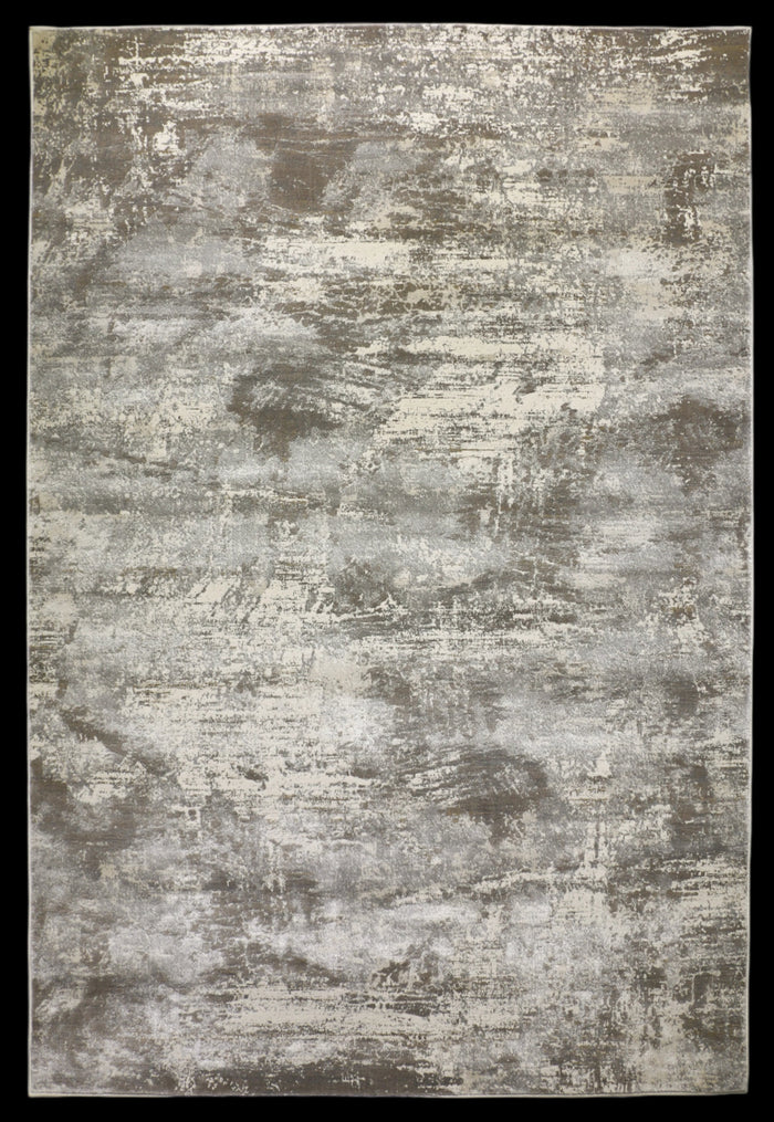 Modern abstract area rug with taupe, ivory, and greige tones, distressed Ginza 348