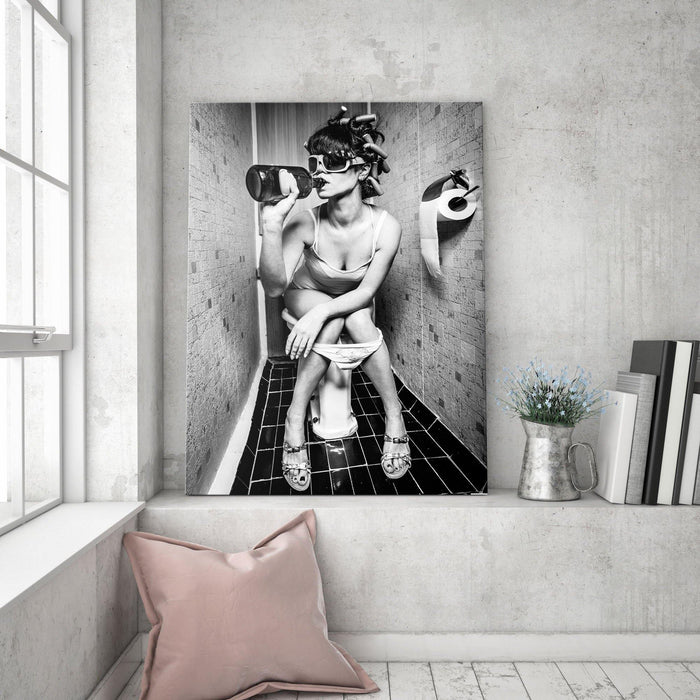 Girl Drinking on Toilet Wall Art Canvas - SharpWallArts