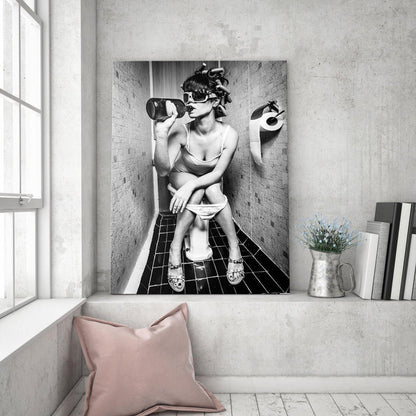Girl Drinking on Toilet Wall Art Canvas - SharpWallArts