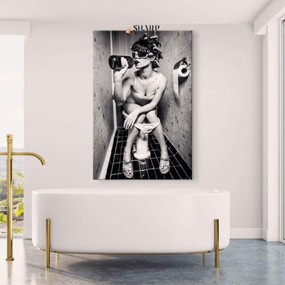 Girl Drinking on Toilet Wall Art Canvas - SharpWallArts
