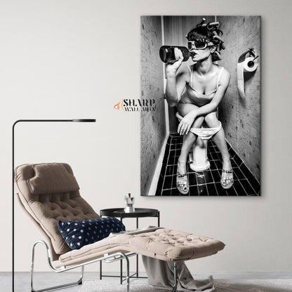 Girl Drinking on Toilet Wall Art Canvas - SharpWallArts
