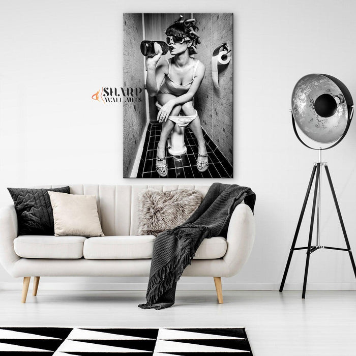 Girl Drinking on Toilet Wall Art Canvas - SharpWallArts