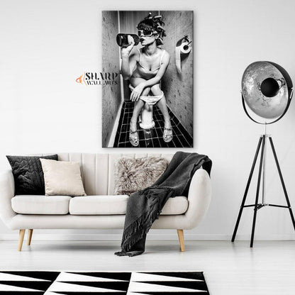 Girl Drinking on Toilet Wall Art Canvas - SharpWallArts