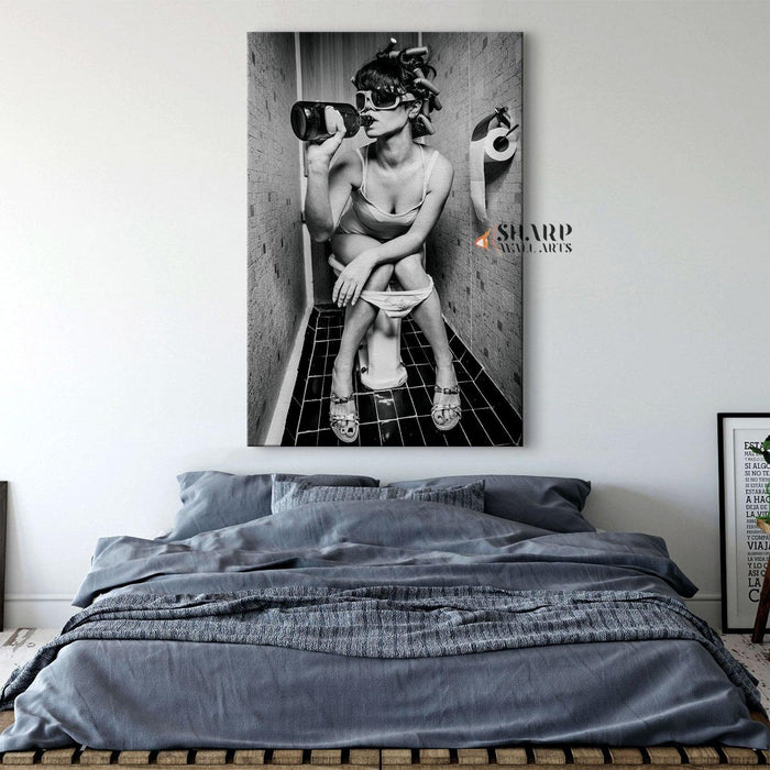Girl Drinking on Toilet Wall Art Canvas - SharpWallArts