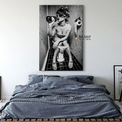 Girl Drinking on Toilet Wall Art Canvas - SharpWallArts