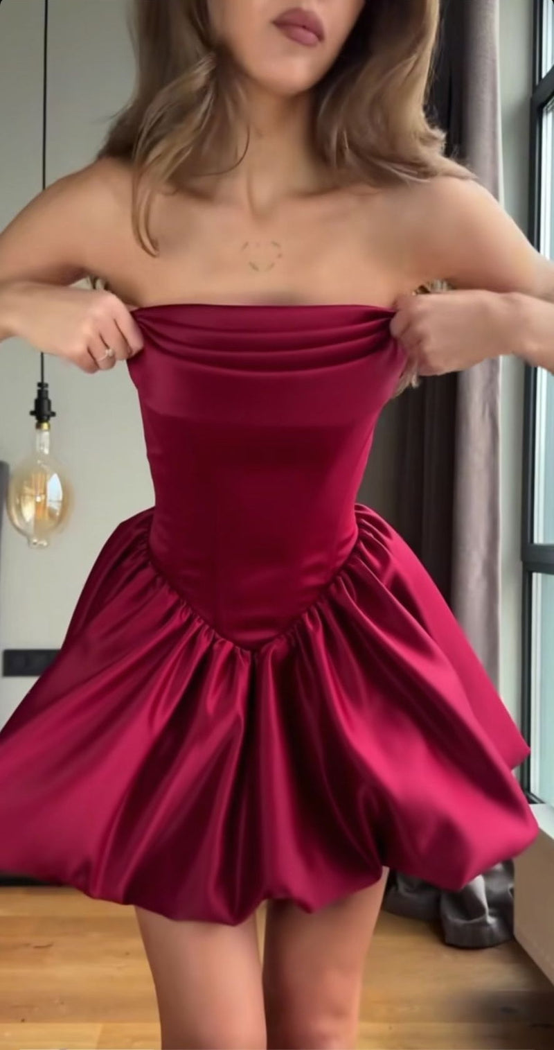 Glam A-Line Short Prom Dresses Satin Burgundy Homecoming Dresses Strapless Birthday Dresses
