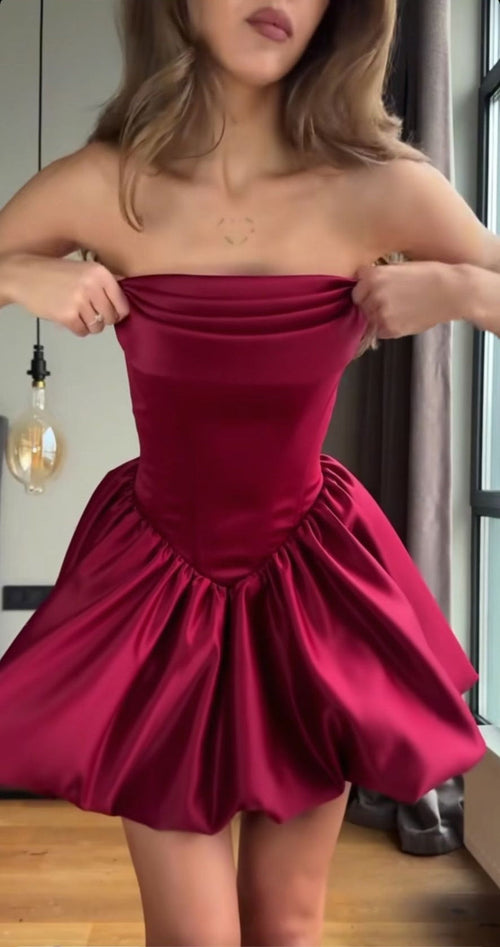 Glam A-Line Short Prom Dresses Satin Burgundy Homecoming Dresses Strapless Birthday Dresses