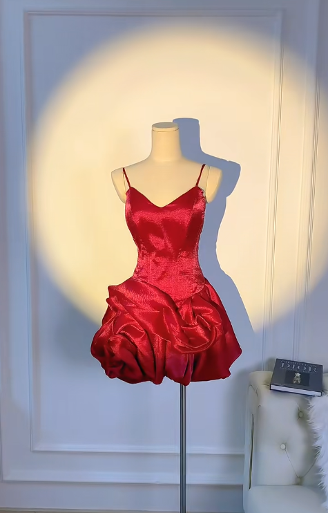 Glam Birthday Dresses V-neck Ball Gown Satin Short Prom DressesBurgundy Homecoming Dresses