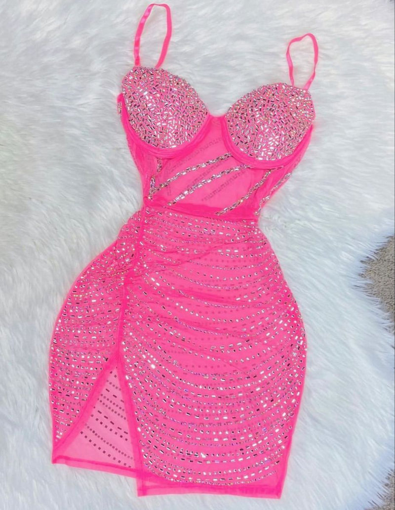 Glam Spaghetti Straps Tight Short Prom Dresses Chiffon Pink Homecoming Dresses