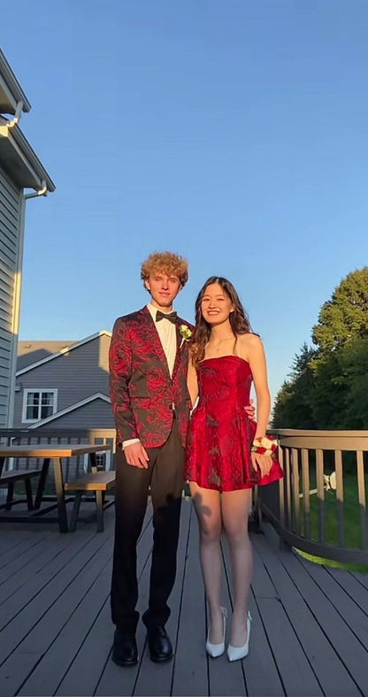 Glam Strapless A-Line Short Prom Dresses Satin Burgundy Homecoming Dresses