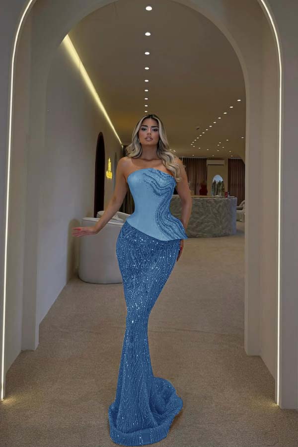 Glamorous Blue Strapless Prom Dress Sleeveless Slimming with Beaded WQ0440