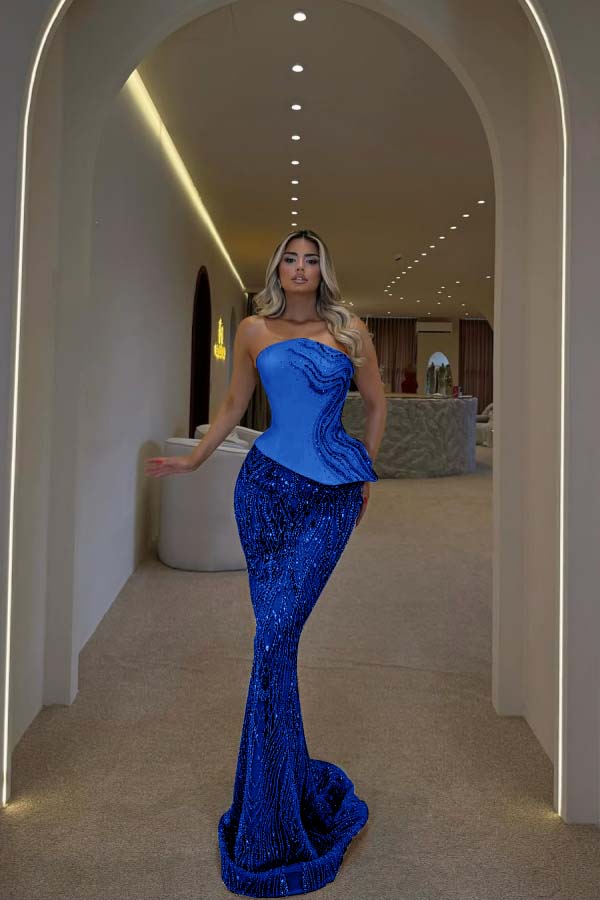 Glamorous Blue Strapless Prom Dress Sleeveless Slimming with Beaded WQ0440